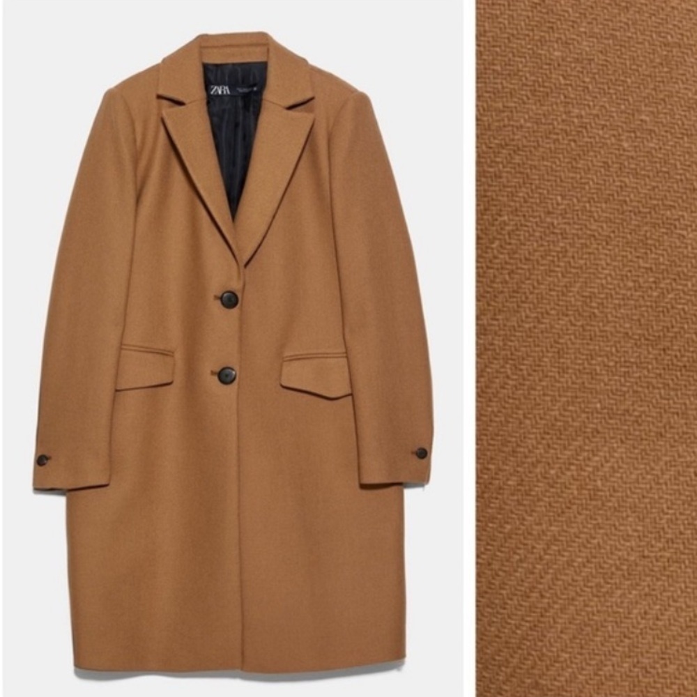 Zara Coat Wool Mid-Length in Camel Tan Brown - Picture 4 of 9